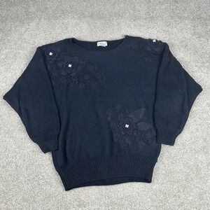 Eminent Vintage Black Floral Applique Beaded Lace Sweater Ramie Cotton Medium